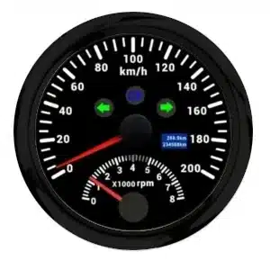 GPS nopeusmittari kierrosluku mittarilla ja mustalla taustalla ja kehyksellä